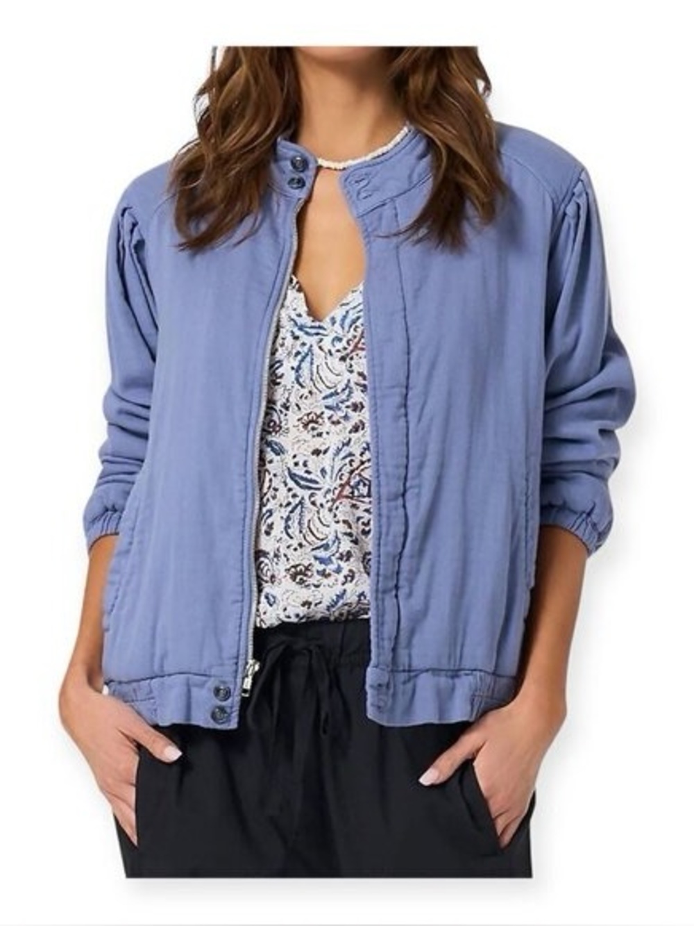 XIRENA Bradley Jacket Vintage Blue Fleece Zip Bomber Pleated Shoulder Size S